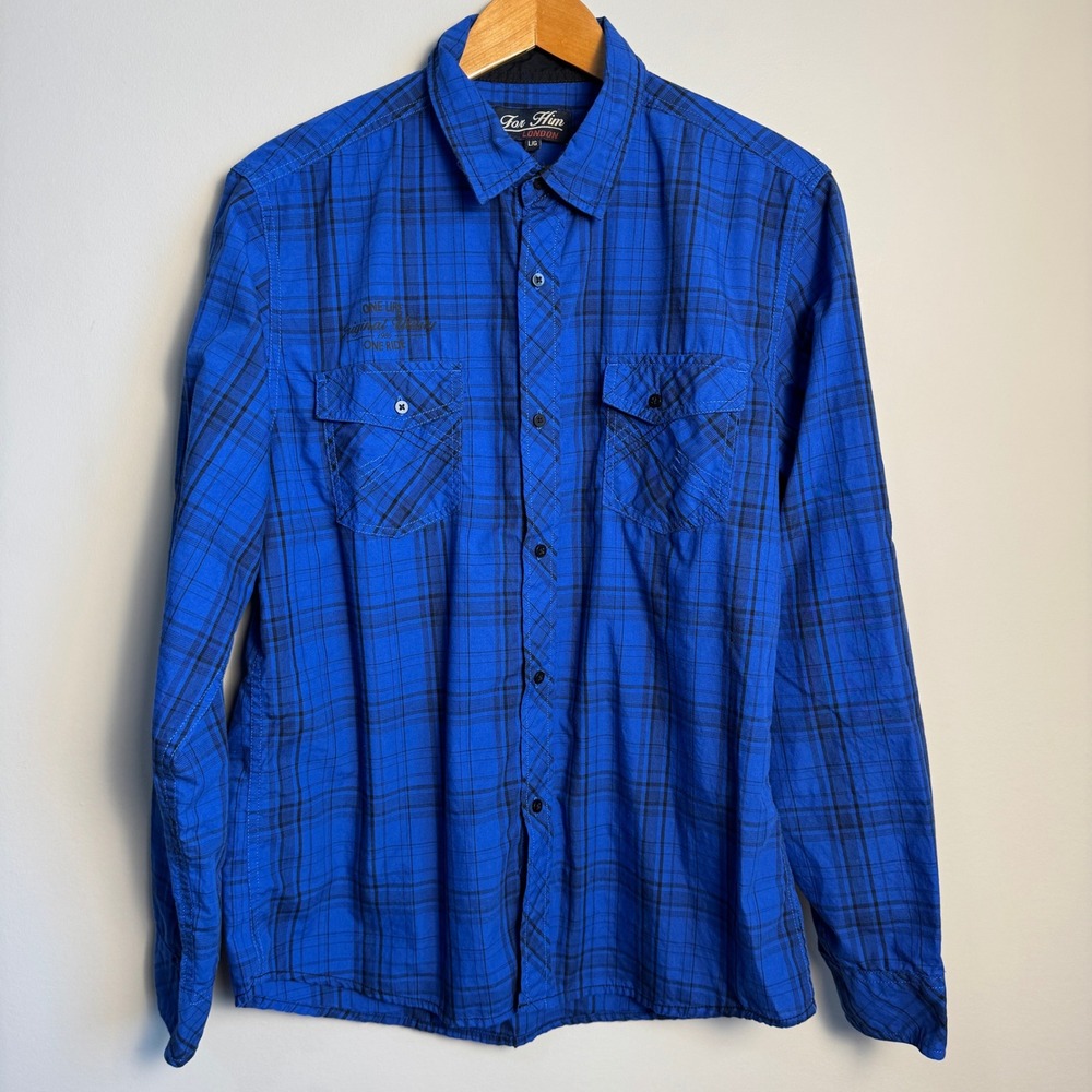 For Him London Mens Blue Plaid Button Up Shirt Long Sleeve Large Roll Tab Sleeve